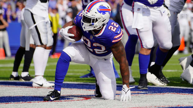Sep 17, 2023; Orchard Park, New York, USA; Buffalo Bills running back Damien Harris (22) reacts to scoring a touchdown against the Las Vegas Raiders during the second half at Highmark Stadium. Mandatory Credit: Gregory Fisher-USA TODAY Sports  